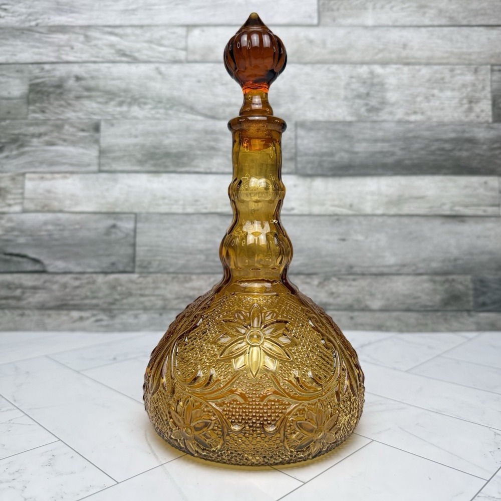 Indiana Glass Company Tiara Sandwich Amber Decanter W/ Stopper 10" Vintage